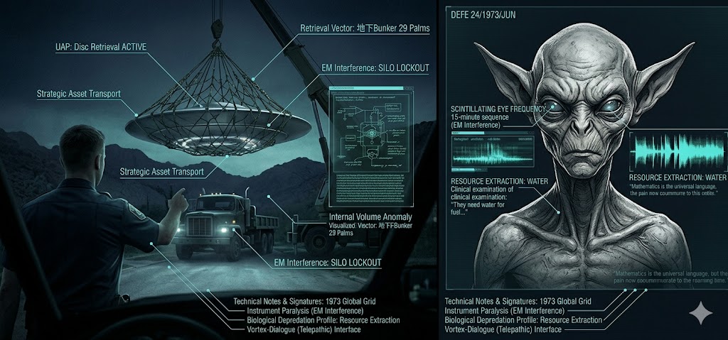 Forensic split-view showing the 1973 Arizona military UFO retrieval and the leathery humanoid entity from the Port Jervis encounter.