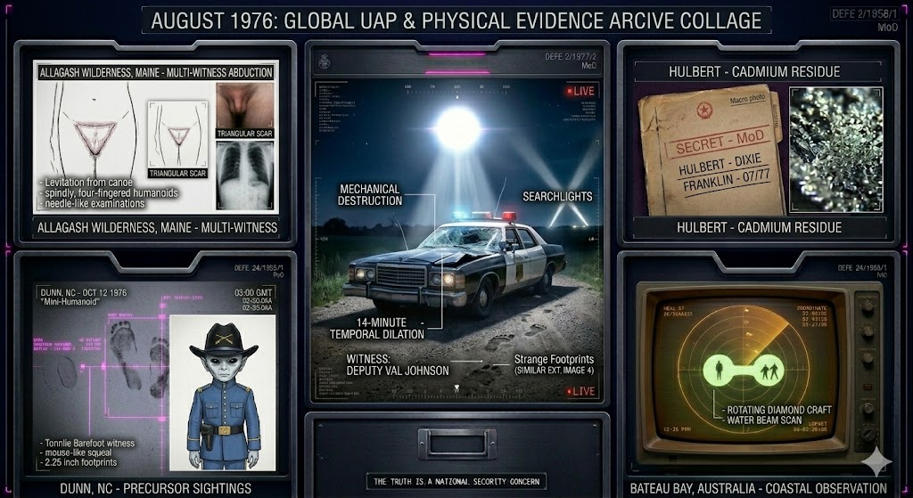 Illustrated collage of August 1976 UFO sightings, including the Val Johnson squad car and the Allagash entity.