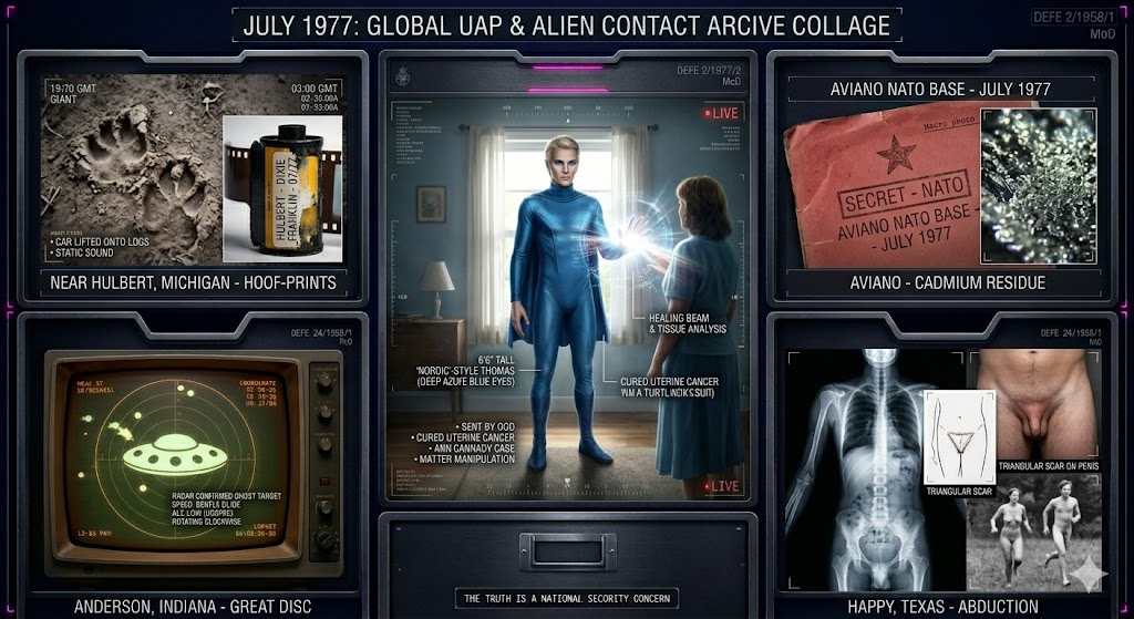 Illustrated collage of July 1977 UFO sightings, including the Ann Cannady healing and the Michigan "hoof-print" entity.