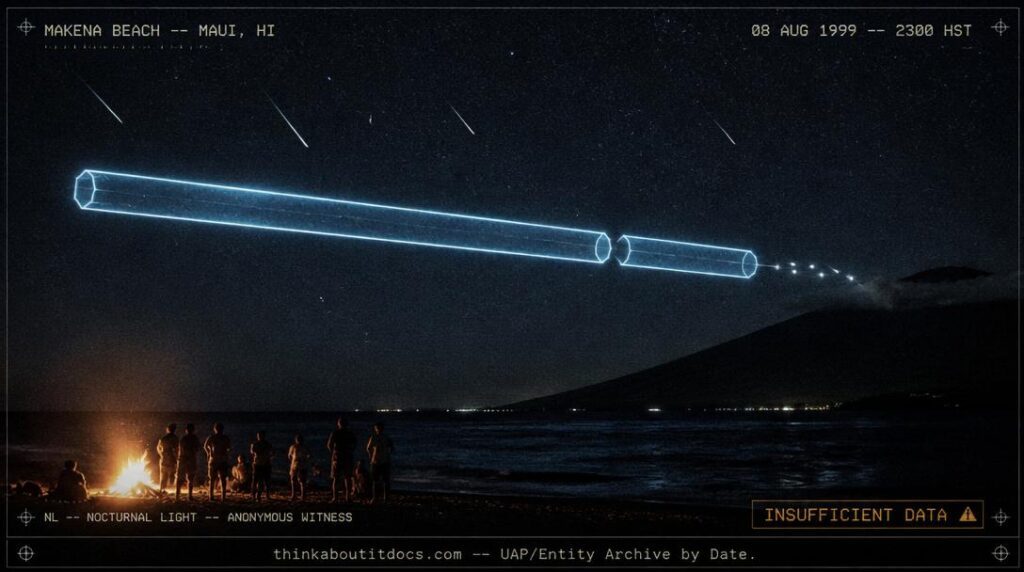 Dossier-style reconstruction of the August 8 1999 Makena Beach Maui nocturnal light sighting showing a massive translucent octagonal tube-shaped object outlined in pale electric light with stars visible through its body and smaller darting lights at the trailing end as silhouetted witnesses watch from a beach bonfire below with Haleakala rising to the right and Perseid meteors streaking overhead