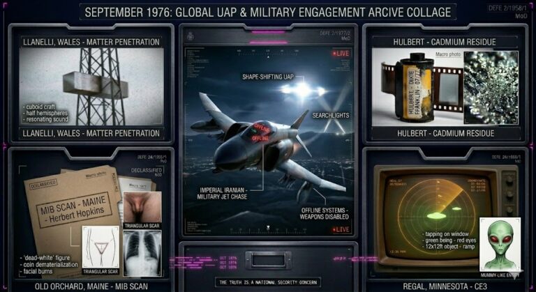 Illustrated collage of September 1976 UFO sightings, including the Tehran F-4 chase and the MIB visit in Maine.