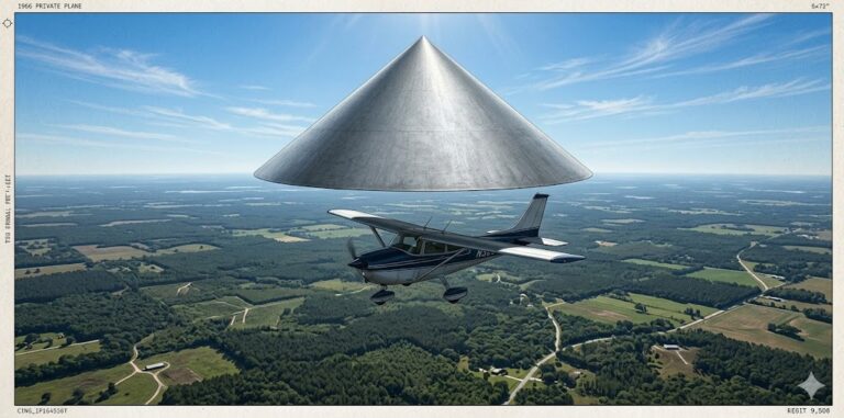 Illustration of a giant cone-shaped UFO pacing a small private plane over Sebring, Florida, in 1966.