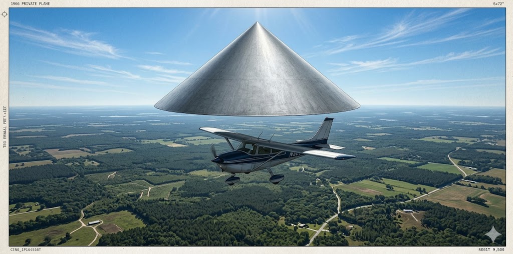 Illustration of a giant cone-shaped UFO pacing a small private plane over Sebring, Florida, in 1966.