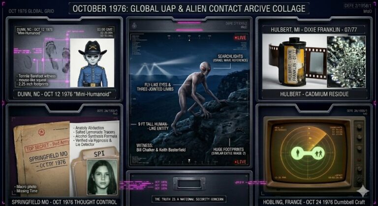 Illustrated collage of October 1976 UFO sightings, including the Bateau Bay "fly-eyed" entity and the Springfield abduction.