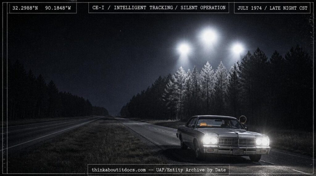 Reconstruction of the summer 1974 Jackson, Mississippi, encounter showing three massive, bright lights at treetop level tracking a vehicle on a divided highway near the Jackson airport.