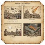 Ancient UFO Archive 1-499 CE: A collage featuring the 70 CE Jerusalem chariots, Roman burning shields, and celestial sightings in China and Scotland.