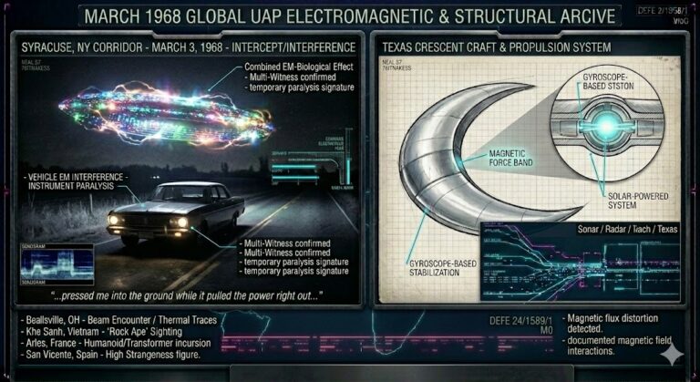 Technical archive of March 1968 UFO sightings, showing the Syracuse cigar craft and the Texas crescent-shaped vessel with magnetic propulsion data.
