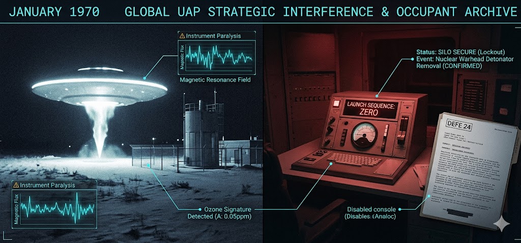 Forensic split-view of the Ellsworth AFB UFO landing and the disabled nuclear launch console from January 1970.