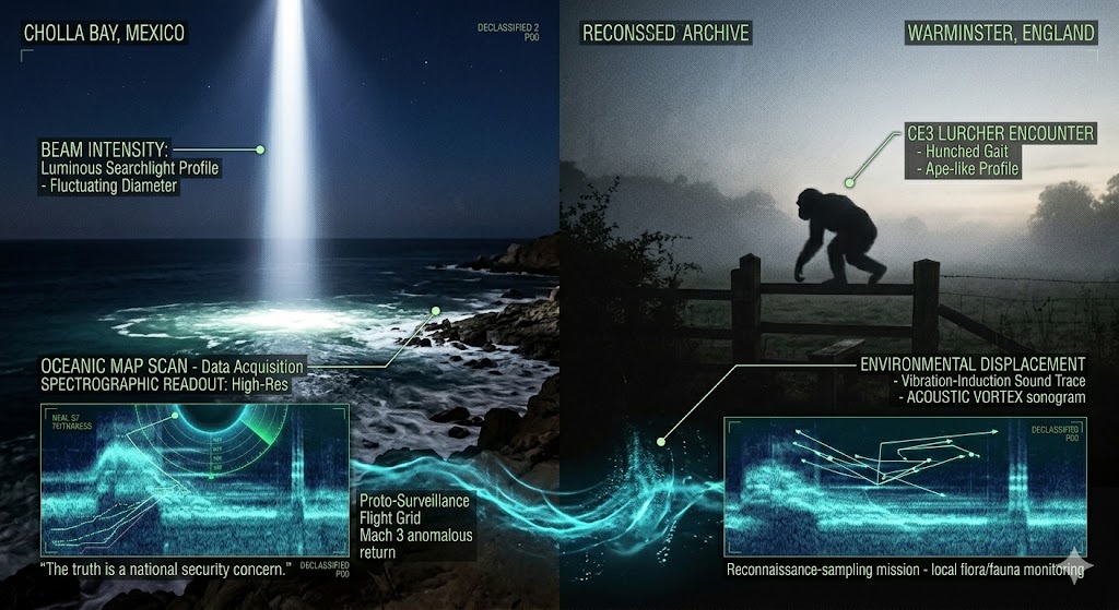 Forensic split-view showing the 1970 Cholla Bay searchlight beam and the Warminster 'hunched' entity silhouette.
