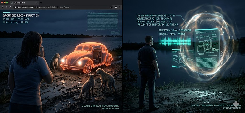 A first-person, pilot's-eye environmental reconstruction of the 1971 Bradenton, Florida telepathic encounter and the Austin, Texas 'Pig Theft' depredation, showcasing dynamic technical visualizations.