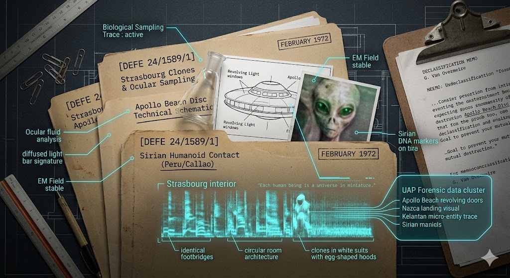 Forensic split-view showing the 1972 Strasbourg clone encounter and the Apollo Beach disc schematic with revolving lights.