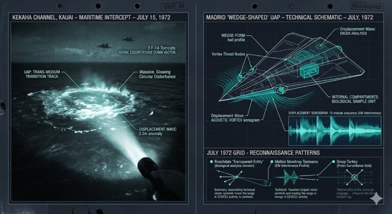 Forensic split-view showing the 1974 Kauai Navy UFO intercept and a technical schematic of the July 1972 wedge-shaped craft.