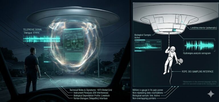 Forensic split-view of the 1973 Santa Ana disc hover and the Londrina humanoid biological sampling event.