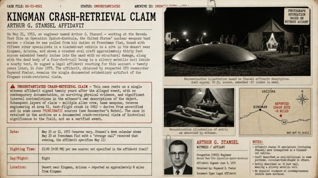 Intelligence dossier illustration of the alleged May 1953 Kingman Arizona UFO crash retrieval showing a brushed-aluminum oval craft embedded in desert sand under military floodlights surrounded by MPs with specialists being briefed nearby and a field tent containing the recovered entity with HUD overlay marking the case as an unsubstantiated crash retrieval claim with Insufficient Data