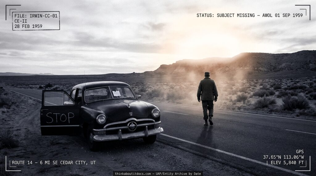Reconstruction of Private Gerry Irwin's 1959 encounter near Cedar City Utah showing a 1950s sedan with STOP written on its side and a solitary figure walking toward an amber glow behind a desert ridge on Route 14.