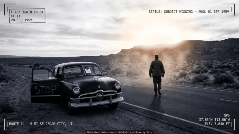 Reconstruction of Private Gerry Irwin's 1959 encounter near Cedar City Utah showing a 1950s sedan with STOP written on its side and a solitary figure walking toward an amber glow behind a desert ridge on Route 14.