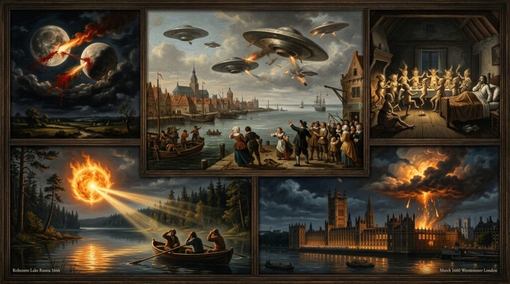 Collage of 1650-1669 CE UFO and UAP sightings including Stralsund 1665 aerial disc battle, Ilford 1660 aerial combat with fire and blood streams, Welsh 1656 bedroom entity visitation, Robozero Lake 1666 Russia heat-emitting object, and Westminster 1660 fire-dropping cloud