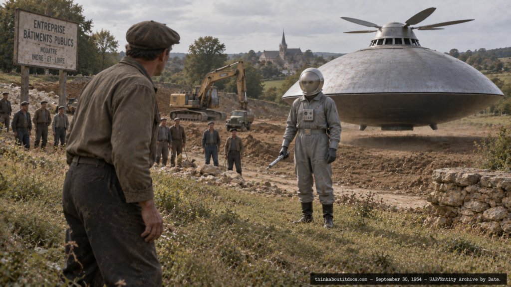 Illustration of a helmeted figure and a bladed dome-shaped craft confronting a frozen construction foreman near Nouatre, France, September 30, 1954