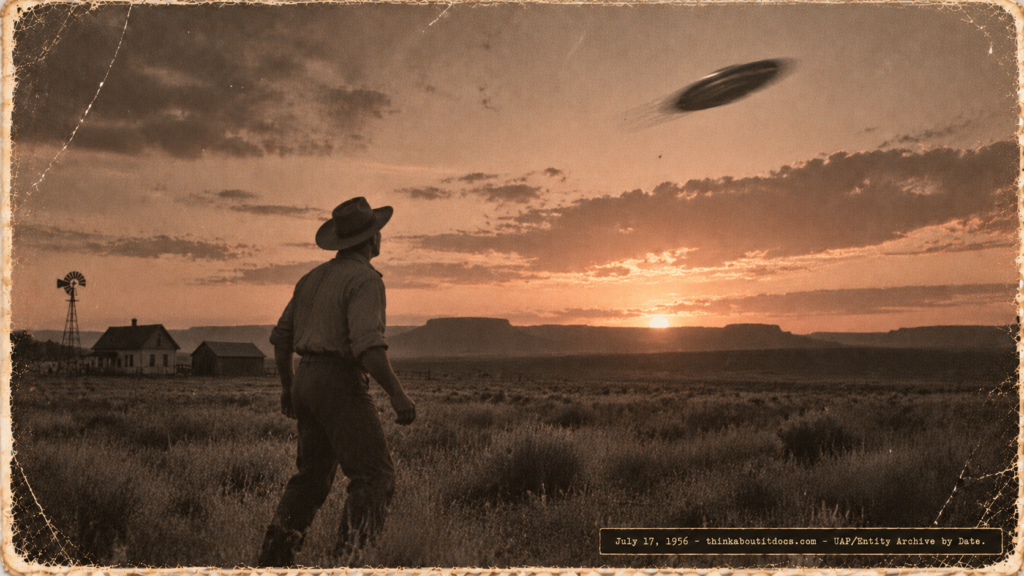 1950s-style illustration of farmer Miles Oman looking up at a fast-moving oval shape crossing a Colorado sunset sky near Jasper on July 17, 1956.
