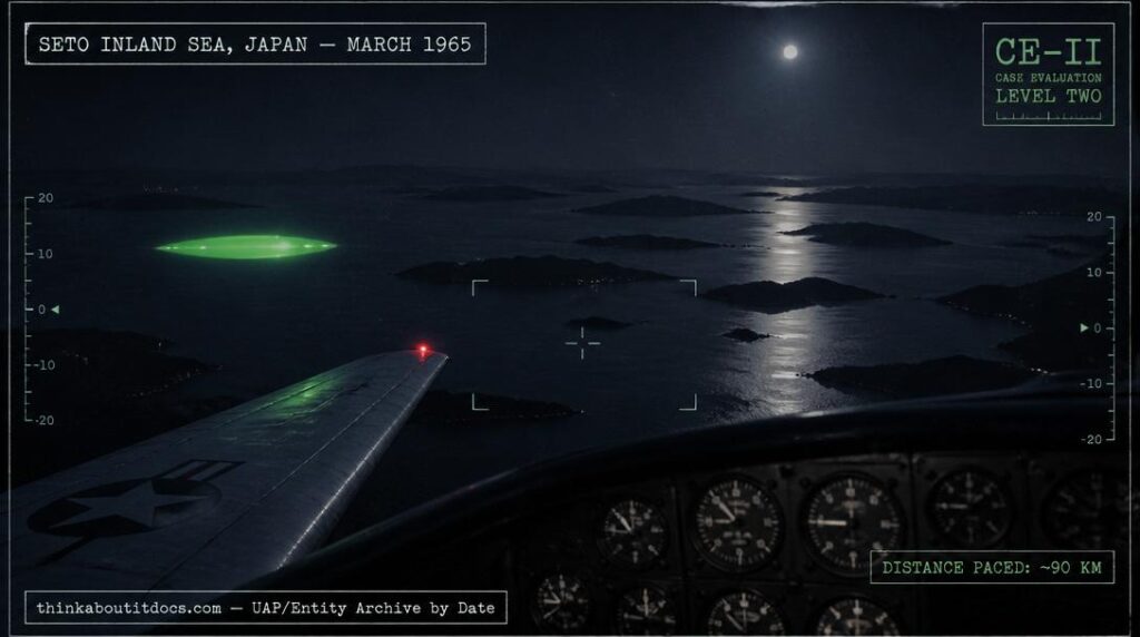 Illustration of the greenish, elliptical UFO reported pacing a Japanese airliner's wing over the Seto Inland Sea in March 1965