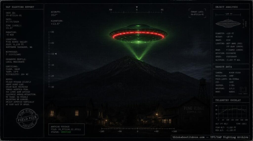 Illustration of the 1973 Dundurrabin, NSW UFO sighting showing a large green-glowing disc with a red rotating band and green beam hovering over Boney Mountain