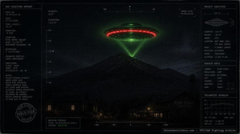 Illustration of the 1973 Dundurrabin, NSW UFO sighting showing a large green-glowing disc with a red rotating band and green beam hovering over Boney Mountain