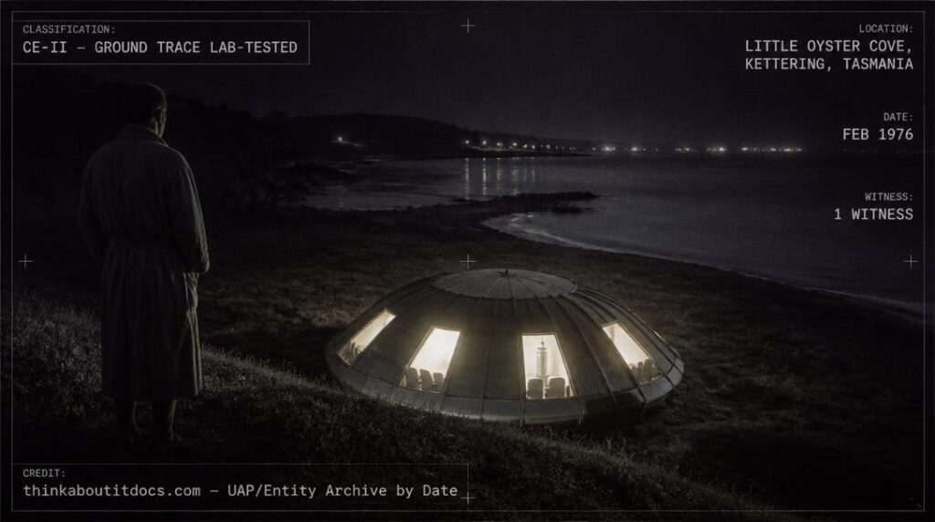 A glowing, dome-shaped UFO with lit windows resting on a Tasmanian shoreline at night, Little Oyster Cove, Kettering, February 1976