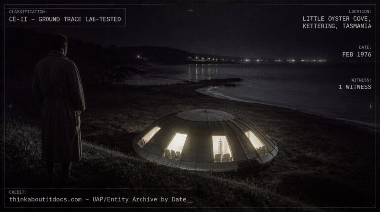 A glowing, dome-shaped UFO with lit windows resting on a Tasmanian shoreline at night, Little Oyster Cove, Kettering, February 1976