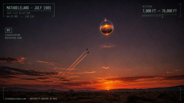 Illustration of the shiny, cone-topped UFO reported over western Zimbabwe in July 1985, intercepted by Zimbabwe Air Force Hawk jets