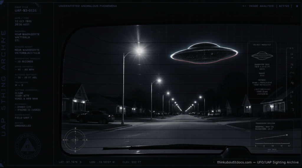 Illustration of the 1993 Warrandyte, Melbourne UFO sighting showing a small black disc-shaped object with glowing neon edges skimming above suburban streetlights