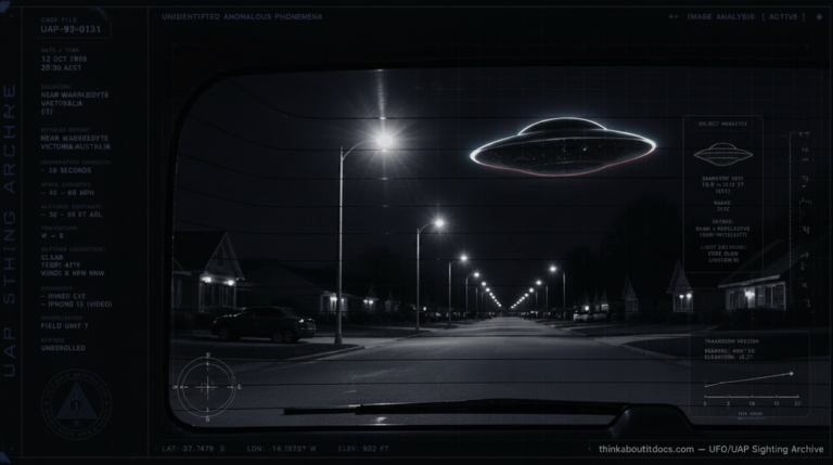 Illustration of the 1993 Warrandyte, Melbourne UFO sighting showing a small black disc-shaped object with glowing neon edges skimming above suburban streetlights