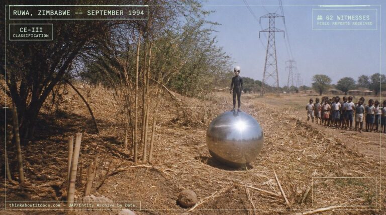 Illustration of the silver spherical object and small humanoid entity reported by 62 schoolchildren at the Ariel School in Ruwa, Zimbabwe on September 16, 1994