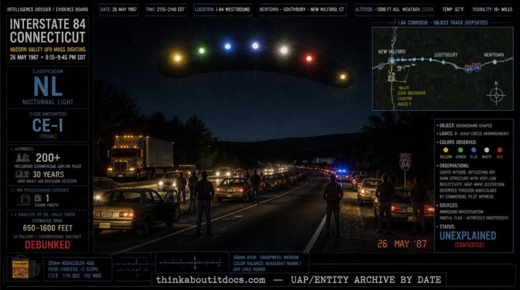 Intelligence-dossier reconstruction of the May 26 1987 Interstate 84 Connecticut Hudson Valley UFO mass sighting showing a massive dark boomerang-shaped object with a half-circle of multicolored lights hovering above a four-lane highway where a dozen cars and trucks have pulled onto both shoulders with drivers standing outside looking up and a state trooper's blue flashers visible ahead
