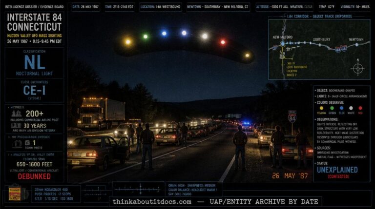 Intelligence-dossier reconstruction of the May 26 1987 Interstate 84 Connecticut Hudson Valley UFO mass sighting showing a massive dark boomerang-shaped object with a half-circle of multicolored lights hovering above a four-lane highway where a dozen cars and trucks have pulled onto both shoulders with drivers standing outside looking up and a state trooper's blue flashers visible ahead