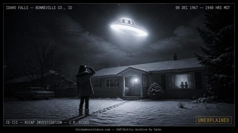 Dossier-style reconstruction of the December 8 1967 Idaho Falls CE-III sighting showing fifteen-year-old Marilyn Wilding standing in her snowy front yard looking up at a brightly glowing circular object with a transparent dome and two figures hovering above the end of her house while younger siblings watch from a window inside