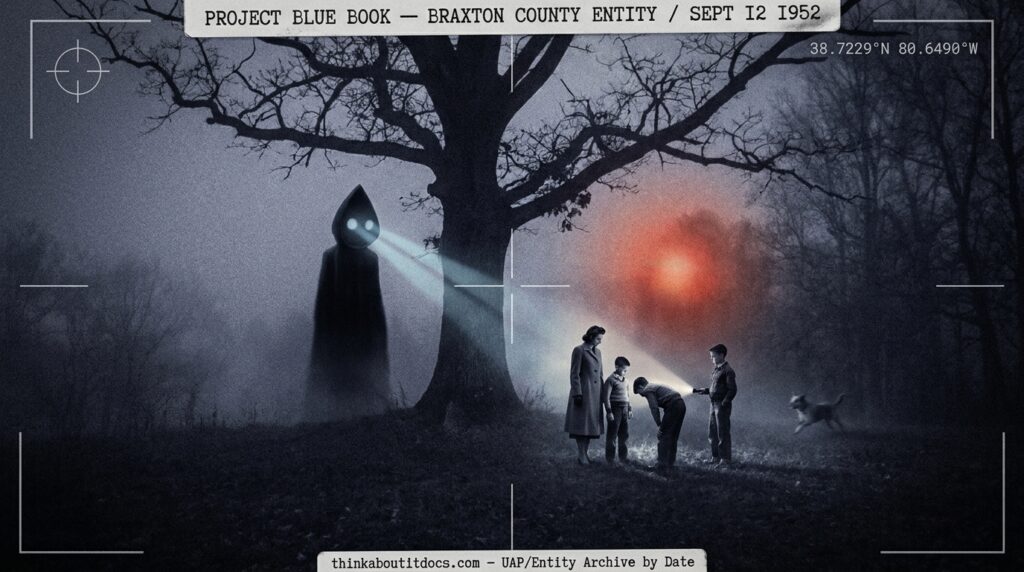 Dossier-style reconstruction of the Flatwoods Monster on a dark West Virginia hilltop September 12 1952 showing the towering ace-of-spades-headed entity with pale blue eye beams beneath an oak tree with a glowing fireball behind it and terrified witnesses in the middle distance