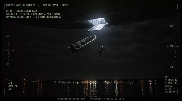 Dossier-style reconstruction of the October 1999 Carlyle Lake Illinois CE-IV showing a fishing boat and lone figure floating 750 feet above the dark lake surface beneath a partially visible craft with a lit rectangular ramp opening and Keyesport lights on the distant shore