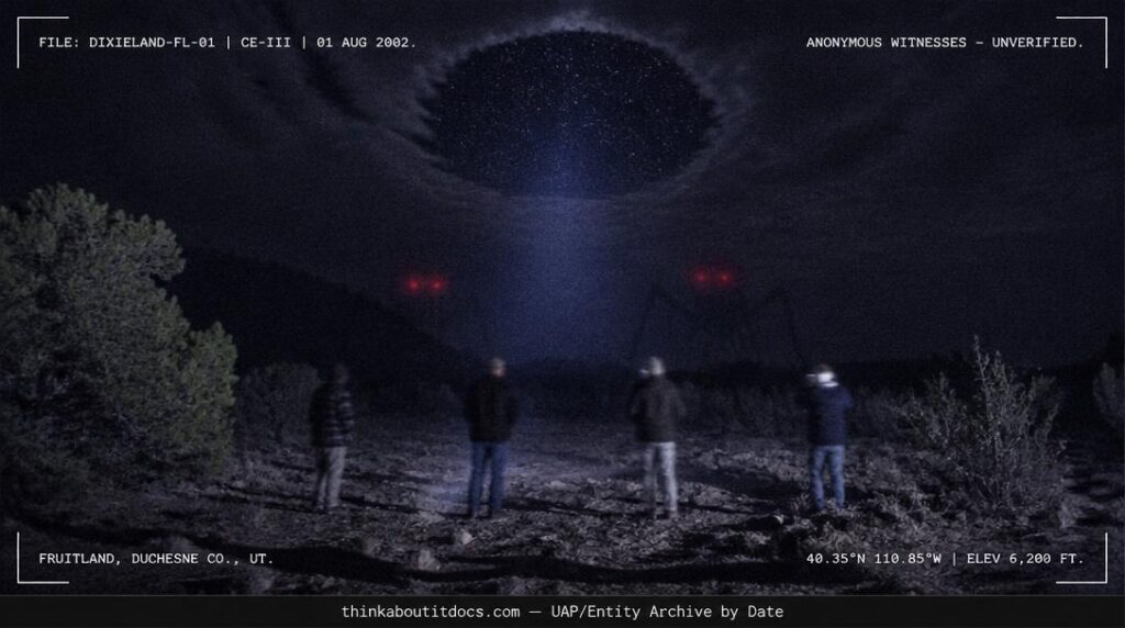Reconstruction of the 2002 Dixieland encounter near Fruitland Utah showing four human figures in a desert clearing at night with two pairs of large red eyes glowing at nine feet height among faintly suggested insectoid forms under a circular cloud opening.