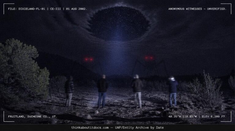 Reconstruction of the 2002 Dixieland encounter near Fruitland Utah showing four human figures in a desert clearing at night with two pairs of large red eyes glowing at nine feet height among faintly suggested insectoid forms under a circular cloud opening.