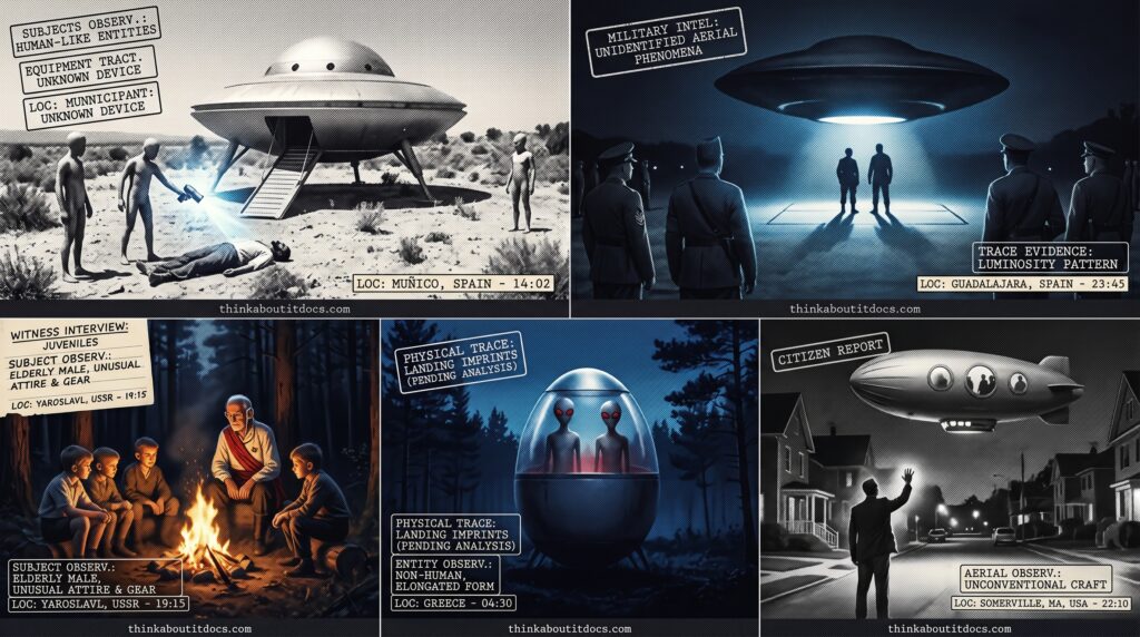 Five-panel 1930s press photography dossier for 1938 UFO and alien sightings: a cowhand knocked down by a directed device from a landed craft at Muñico Spain at noon, two Spanish Civil War era soldiers engulfed in a cold blue circle of light before a hovering lens-shaped craft in the HUMCAT 1938-1 Guadalajara case, four Russian boys at a forest bonfire conversing with a small strange man whose ship is nearby ventilating in West Yaroslavl Province, a Greek tree-cutter confronting two red-eyed tall humanoids before an egg-shaped craft on legs near New Apollonia, and Malcolm Perry on a Somerville Massachusetts street raising his hand in an instinctive wave at porthole figures aboard a silent blimp-like craft overhead.