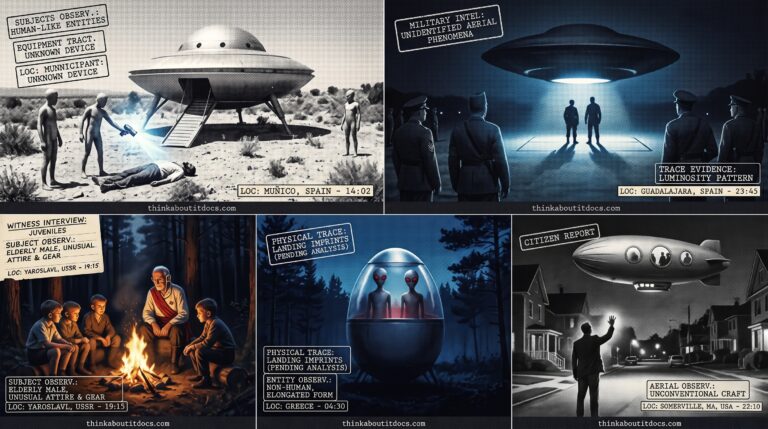 Five-panel 1930s press photography dossier for 1938 UFO and alien sightings: a cowhand knocked down by a directed device from a landed craft at Muñico Spain at noon, two Spanish Civil War era soldiers engulfed in a cold blue circle of light before a hovering lens-shaped craft in the HUMCAT 1938-1 Guadalajara case, four Russian boys at a forest bonfire conversing with a small strange man whose ship is nearby ventilating in West Yaroslavl Province, a Greek tree-cutter confronting two red-eyed tall humanoids before an egg-shaped craft on legs near New Apollonia, and Malcolm Perry on a Somerville Massachusetts street raising his hand in an instinctive wave at porthole figures aboard a silent blimp-like craft overhead.