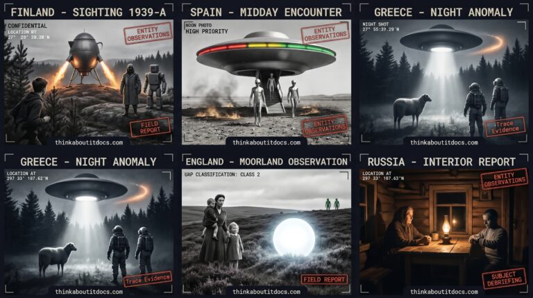 Five-panel 1930s-to-wartime press photography dossier for 1939 UFO and alien sightings: a Finnish teenager watching a kettle-shaped craft on landing legs with a suited operator directing articulated robot beings the day before the Winter War at Saarijarvi, children in coastal Spain watching two stiff silver-suited black-eyed figures emerge from a landed metallic disc with ground traces at Zahara de los Atunes July 1939, a Greek shepherd frozen on a mountain path as two diver-suited entities stand at ground level in a searchlight beam from a hovering mushroom-shaped craft on Pentelikon Mountain, a mother and boy on English heather with a six-foot white globe nearby and two tiny helmeted figures pointing from the hill brow at Roseberry Topping, and an elderly Russian woman at a rough table across from a small dark-faced stranger hiding hoofed feet beneath the chair who pulls a wire from a cigar-case device saying he must not miss his craft in the final West Yaroslavl contact of the series.