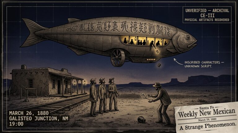 Single-panel intelligence archive illustration showing three witnesses at the Galisteo Junction railroad stop in New Mexico Territory on the evening of March 26 1880 watching an enormous fish-shaped fan-propelled vessel covered in inscribed characters pass overhead at low altitude with eight to ten human occupants visible through interior light while one occupant drops a silk-wrapped flower toward the witnesses on the ground below the AT&SF railway tracks