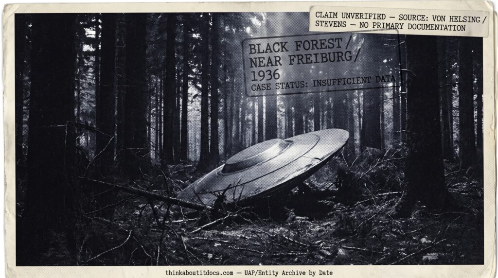 Silver gelatin halftone dossier illustration of the unverified 1936 Black Forest Germany UFO crash claim showing a dull metallic disc-shaped object at an angle in a dark forest clearing partially obscured by undergrowth with a tactical HUD overlay explicitly marking the case as unverified with no primary documentation from sources John Von Helsing and Henry Stevens.
