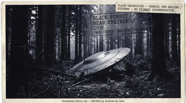 Silver gelatin halftone dossier illustration of the unverified 1936 Black Forest Germany UFO crash claim showing a dull metallic disc-shaped object at an angle in a dark forest clearing partially obscured by undergrowth with a tactical HUD overlay explicitly marking the case as unverified with no primary documentation from sources John Von Helsing and Henry Stevens.