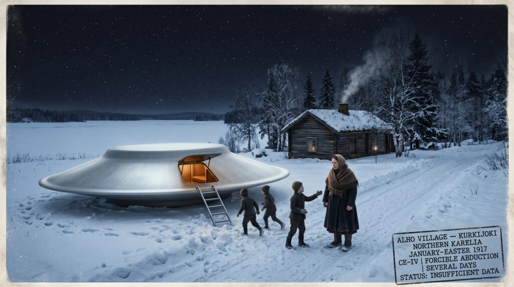 Illustration of the 1917 Kurkijoki Northern Karelia Finland CE-IV abduction showing Anni Lattu in heavy winter clothing at the base of a ladder leading to a large flat washbasin-shaped luminous craft resting in the snow beside her lakeside farmhouse while small humanoid figures guide her toward the hatch as the warm interior of the silent craft glows above