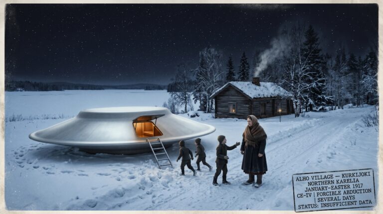 Illustration of the 1917 Kurkijoki Northern Karelia Finland CE-IV abduction showing Anni Lattu in heavy winter clothing at the base of a ladder leading to a large flat washbasin-shaped luminous craft resting in the snow beside her lakeside farmhouse while small humanoid figures guide her toward the hatch as the warm interior of the silent craft glows above