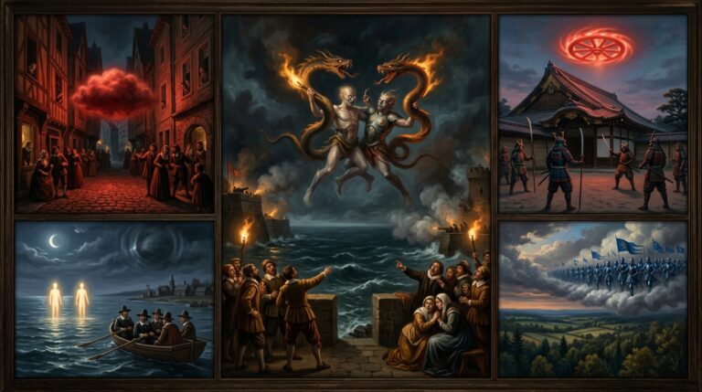 Collage of 1600-1649 CE early 17th century UFO and UAP sightings including Genoa 1608 USO entity battle, Besançon 1603 red cloud, Kyoto 1606 spinning fireballs over Nijo Castle, Boston 1644 man-shaped lights, and French armored warriors materializing from clouds