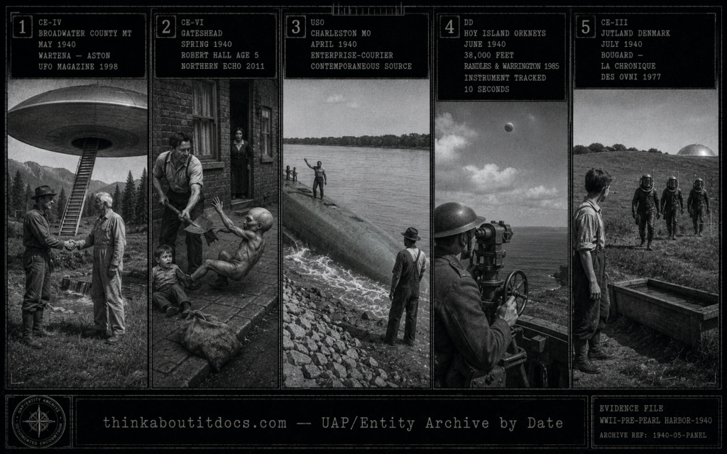 Five-panel 1940 WWII wartime press photography dossier: Udo Wartena shaking hands with a white-haired grey-overall occupant at a Montana disc craft stairway in May 1940, Uncle Ernie completing a coal shovel swing at a fallen grey alien on a Tyneside pavement in spring 1940, a Black farmer watching a grey submarine-like vessel surface from the Mississippi River near Charleston Missouri, an anti-aircraft soldier tracking a flattened sphere at 38,000 feet over the Hoy Island Orkneys with a height-finder in June 1940, and a Danish 15-year-old watching three pipe-suited robot-walking beings approach a hemispherical craft in Jutland in July 1940.