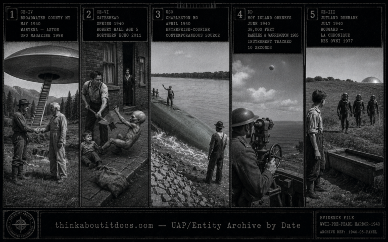 Five-panel 1940 WWII wartime press photography dossier: Udo Wartena shaking hands with a white-haired grey-overall occupant at a Montana disc craft stairway in May 1940, Uncle Ernie completing a coal shovel swing at a fallen grey alien on a Tyneside pavement in spring 1940, a Black farmer watching a grey submarine-like vessel surface from the Mississippi River near Charleston Missouri, an anti-aircraft soldier tracking a flattened sphere at 38,000 feet over the Hoy Island Orkneys with a height-finder in June 1940, and a Danish 15-year-old watching three pipe-suited robot-walking beings approach a hemispherical craft in Jutland in July 1940.